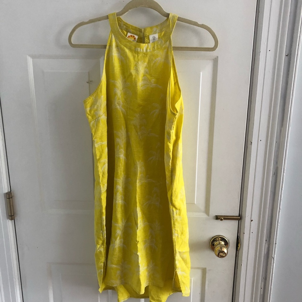 C&C California yellow linen Hawaiian palm tree print high neck dress